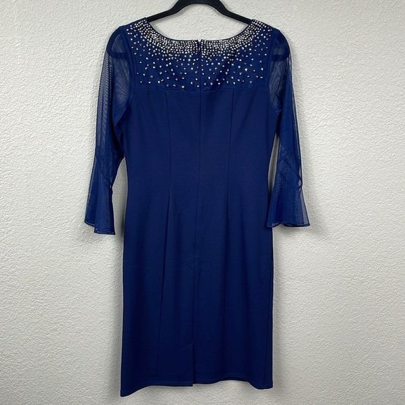 New Alex Evenings Beaded Neckline Sheath Dress Illusion Sleeves Blue Sz 6 - Picture 5 of 12